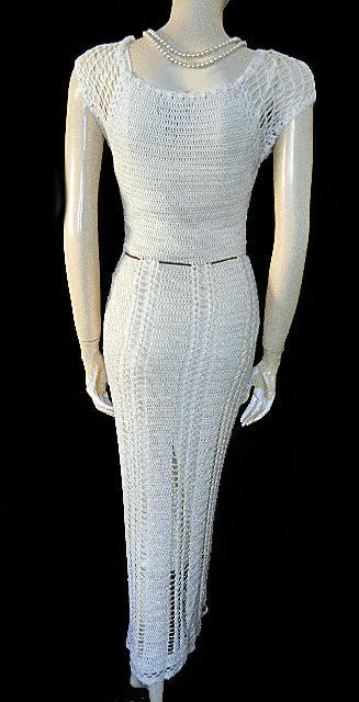 *BEAUTIFUL HANDKNIT SPRING & SUMMER IVORY DRESS WITH SUEDE BELT & BELLS