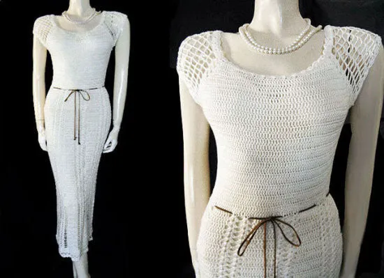 *BEAUTIFUL HANDKNIT SPRING & SUMMER IVORY DRESS WITH SUEDE BELT & BELLS