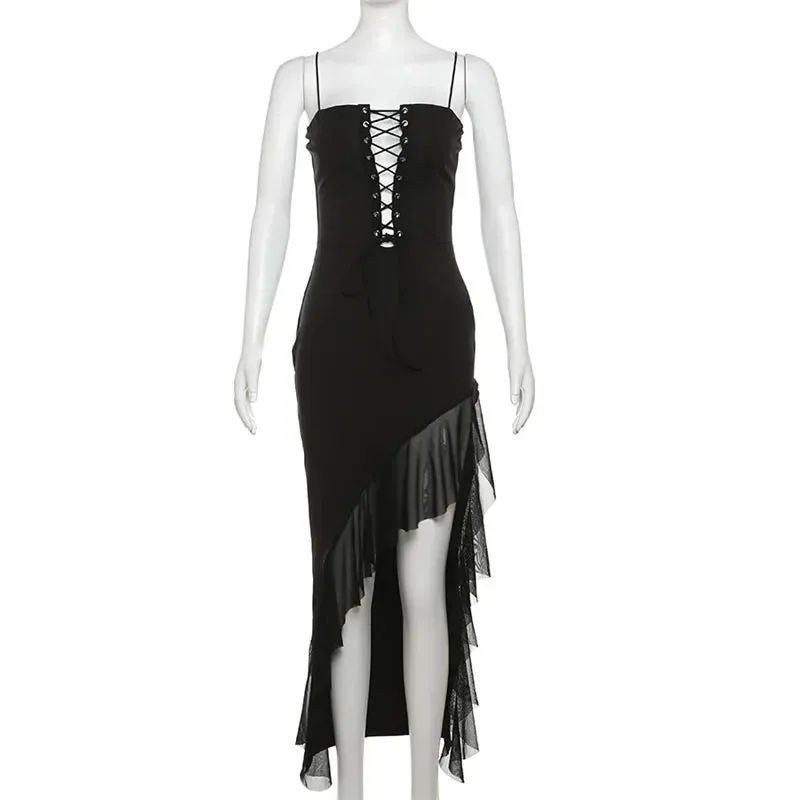 Bonnyshow Fashionable Lace Up Placket, Mid Length Skirt, Sexy One Line Collar, Club Slim Fit, Irregular Dress for Women