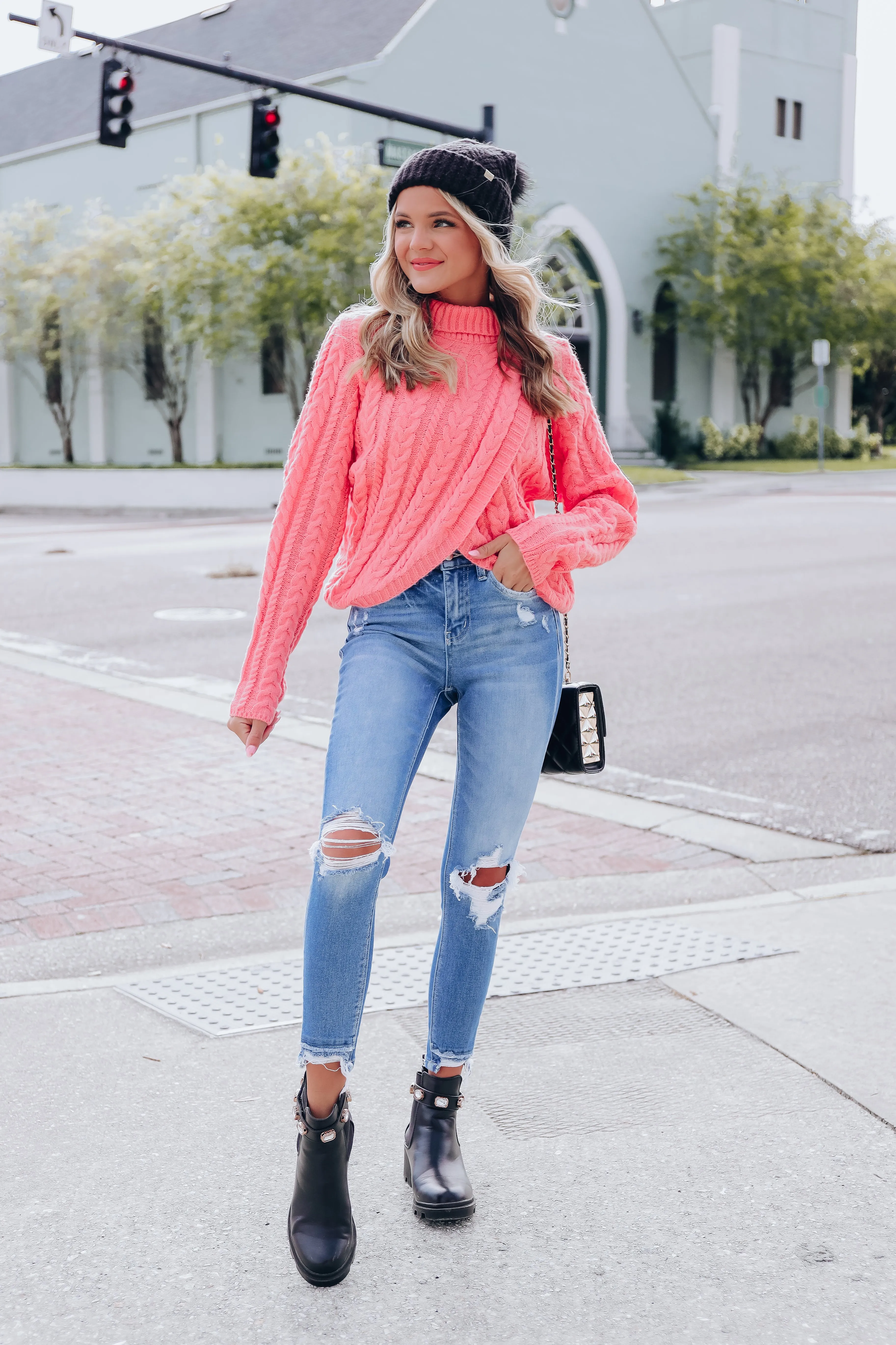 Cable Knit Cross Front Cropped Sweater -Rose