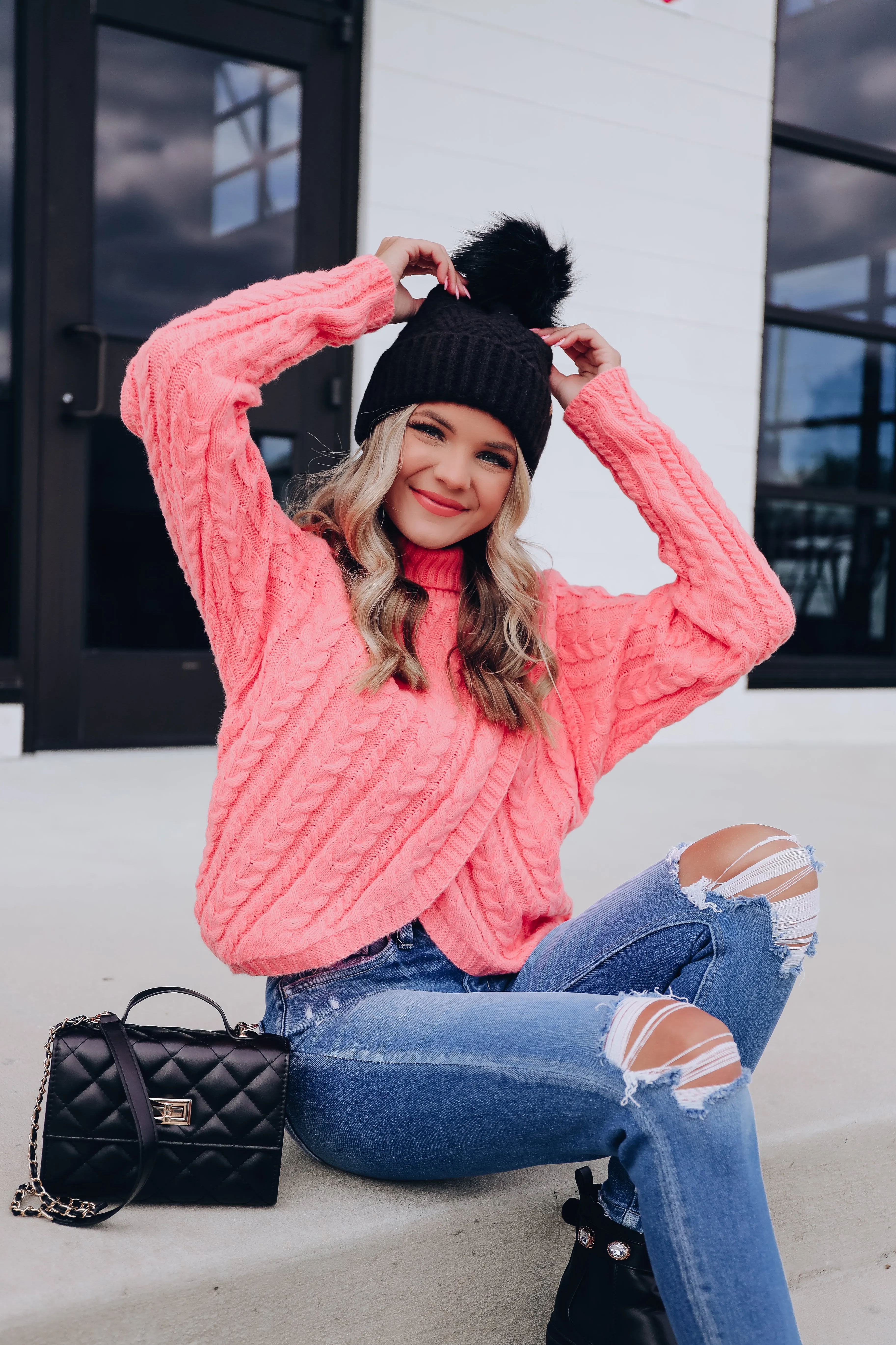 Cable Knit Cross Front Cropped Sweater -Rose