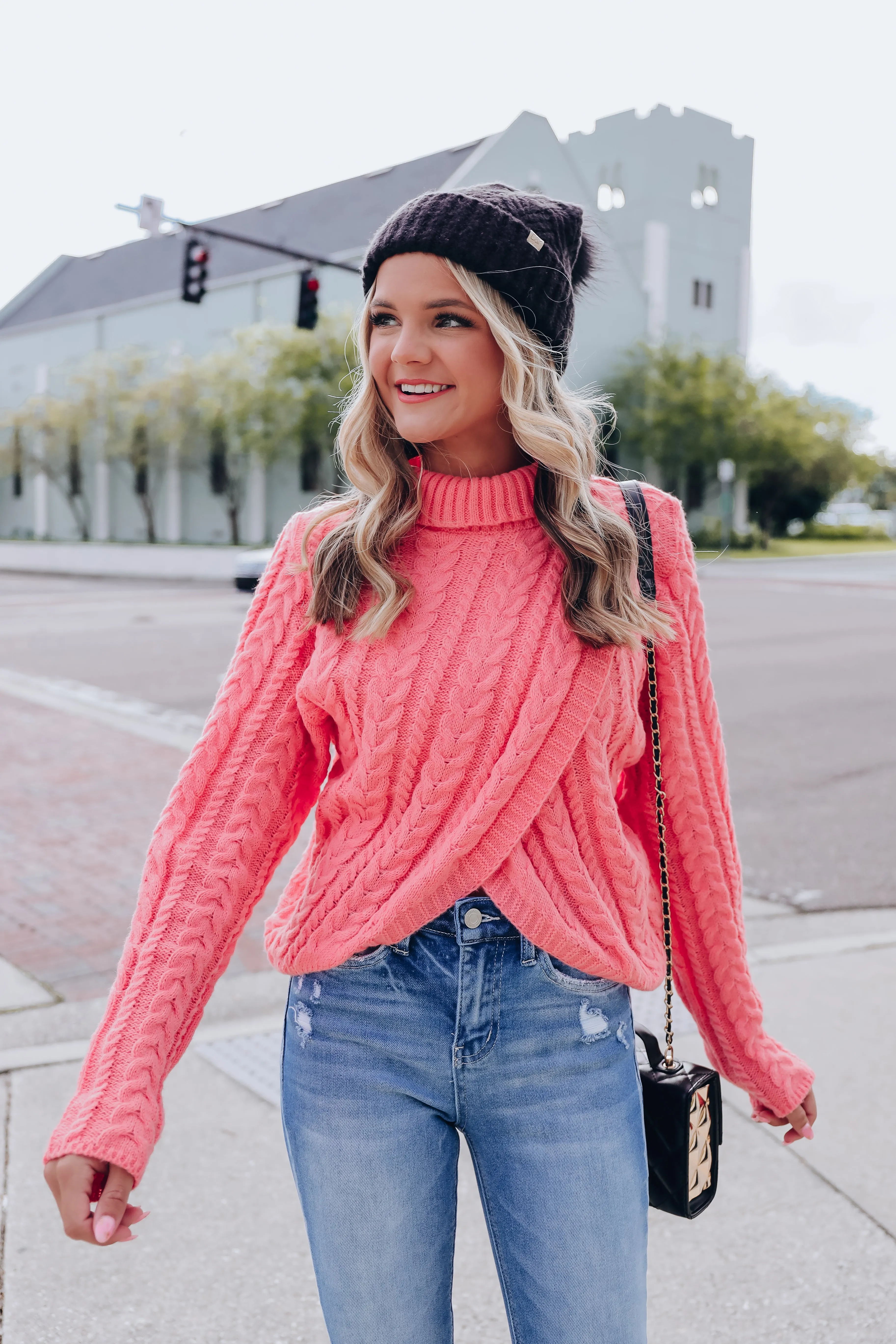 Cable Knit Cross Front Cropped Sweater -Rose