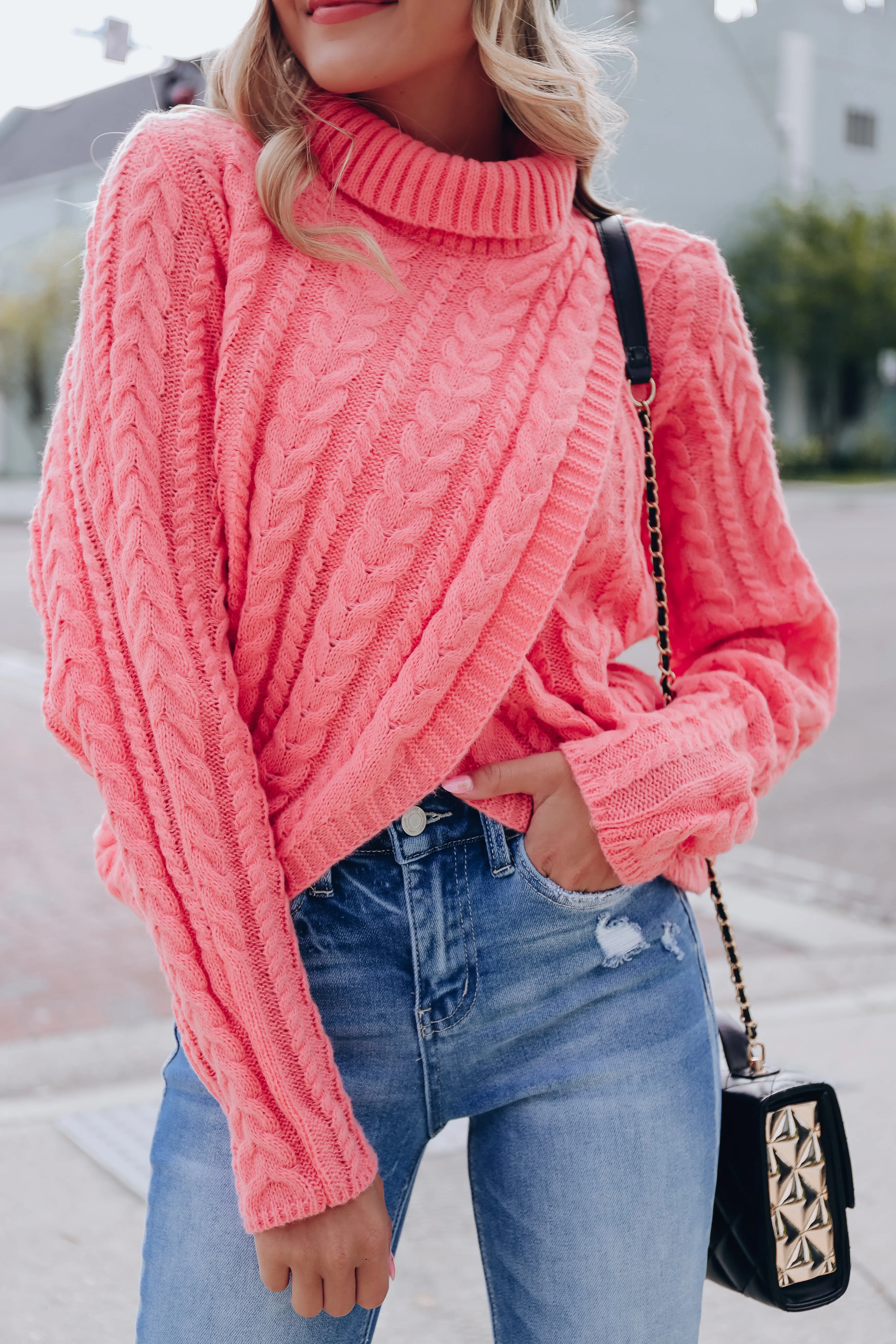 Cable Knit Cross Front Cropped Sweater -Rose