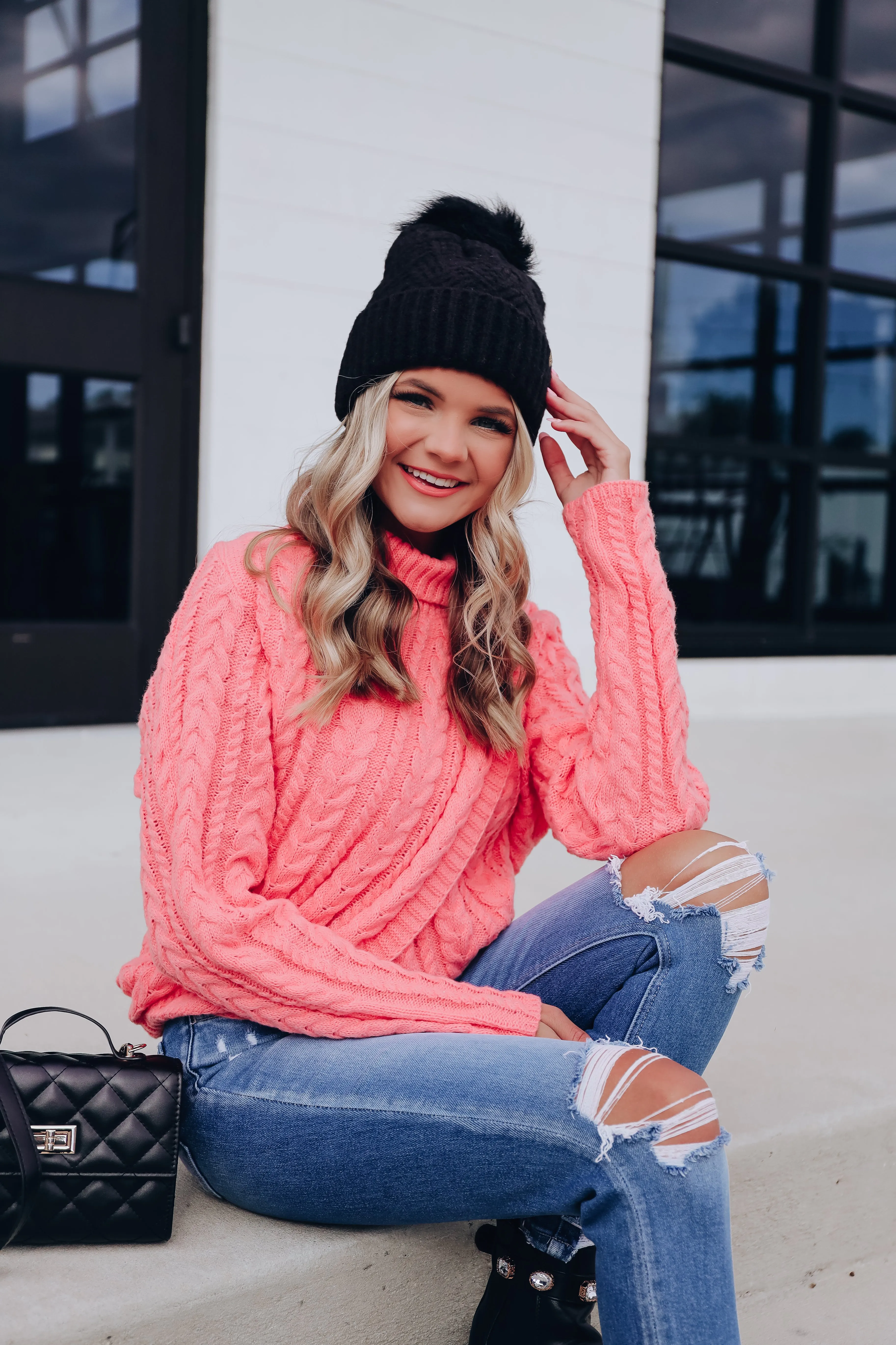 Cable Knit Cross Front Cropped Sweater -Rose