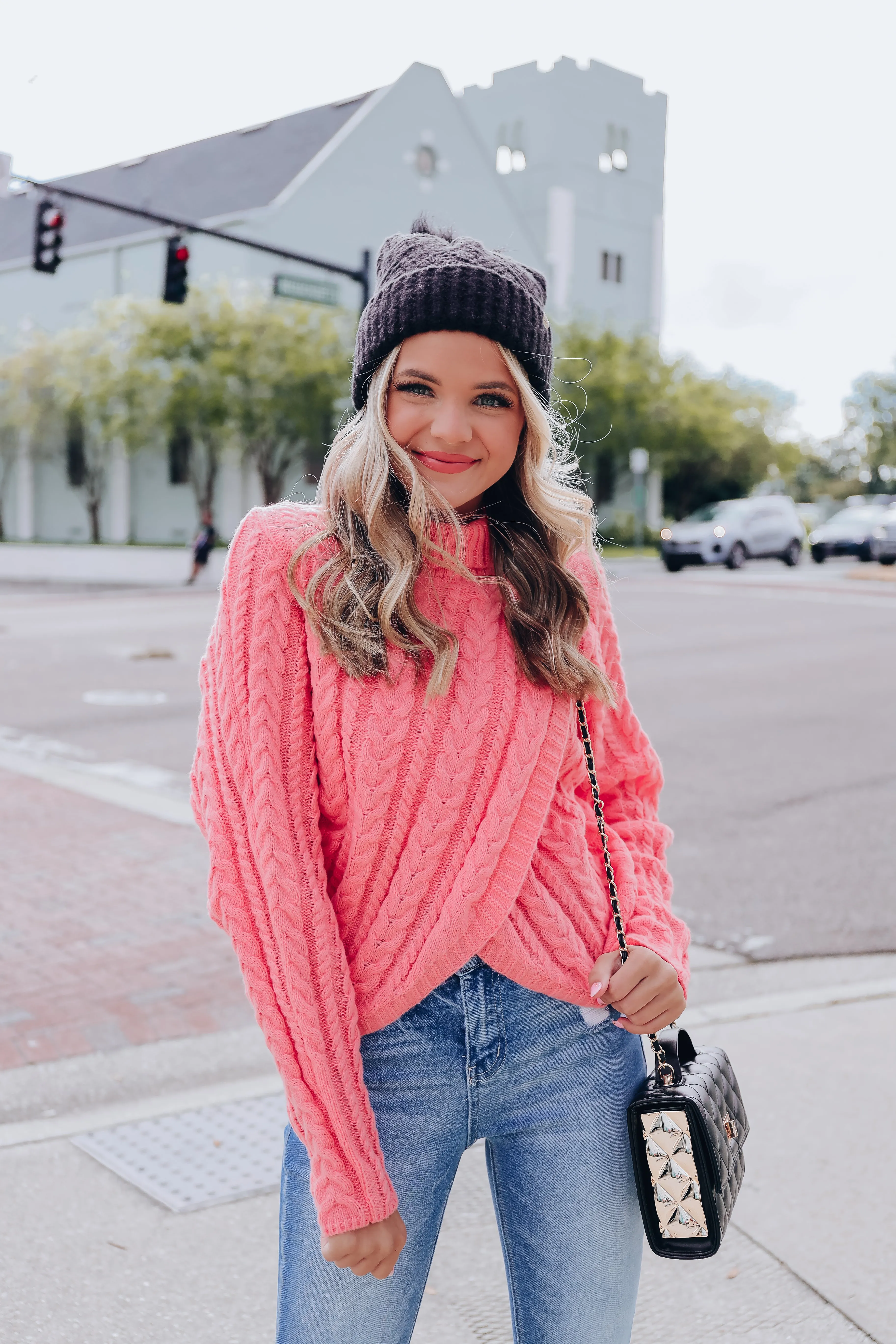 Cable Knit Cross Front Cropped Sweater -Rose