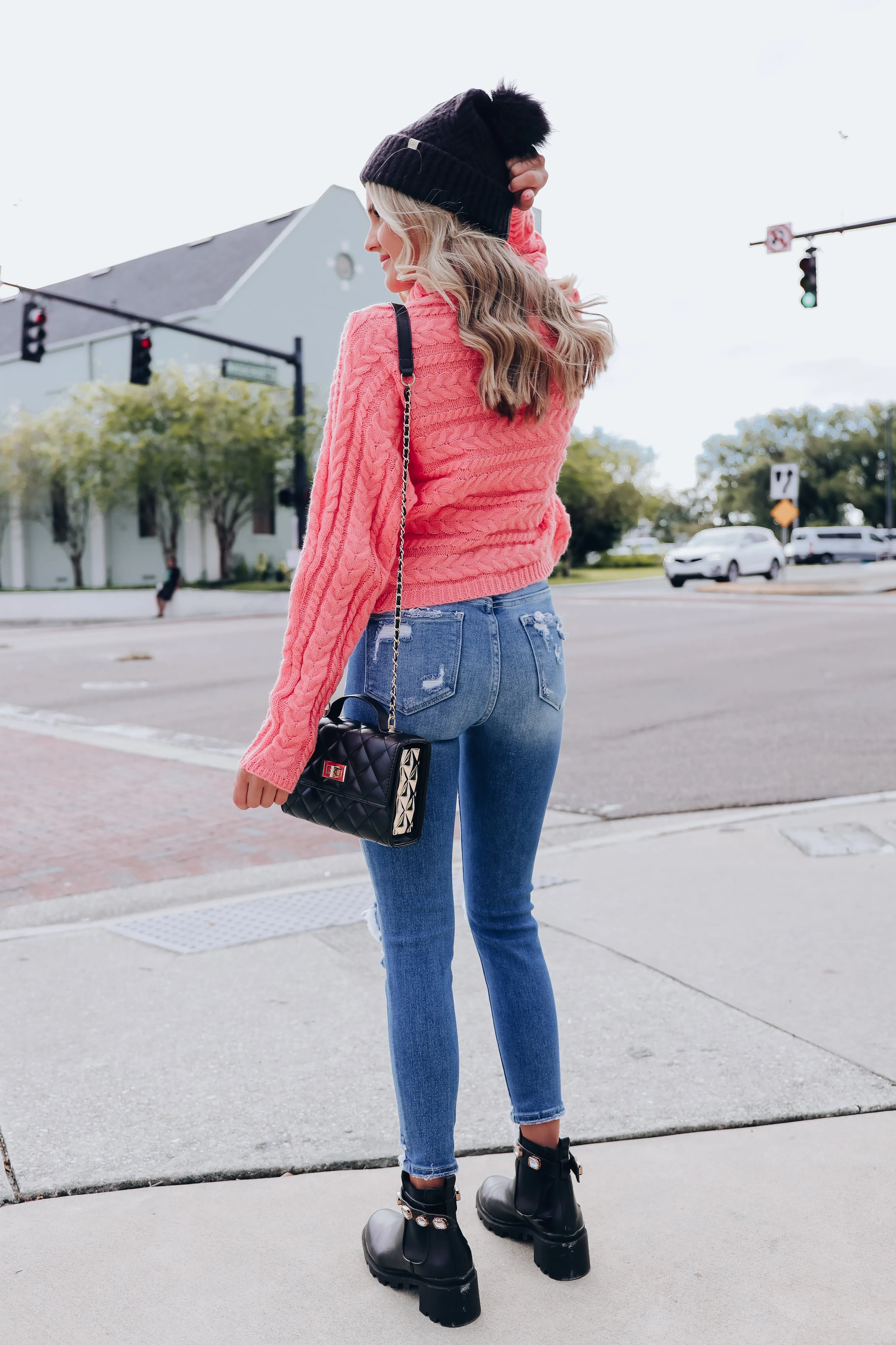 Cable Knit Cross Front Cropped Sweater -Rose