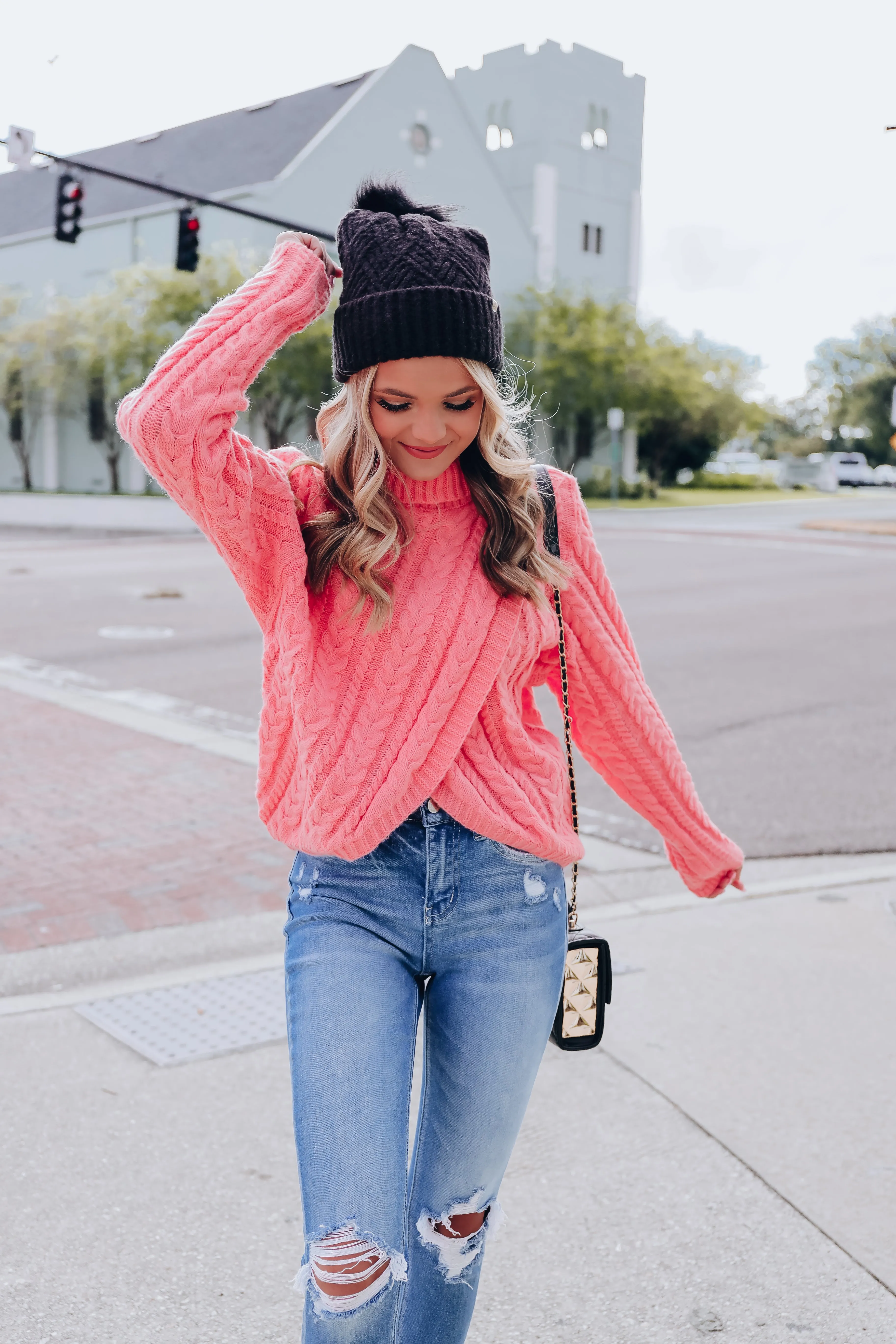 Cable Knit Cross Front Cropped Sweater -Rose