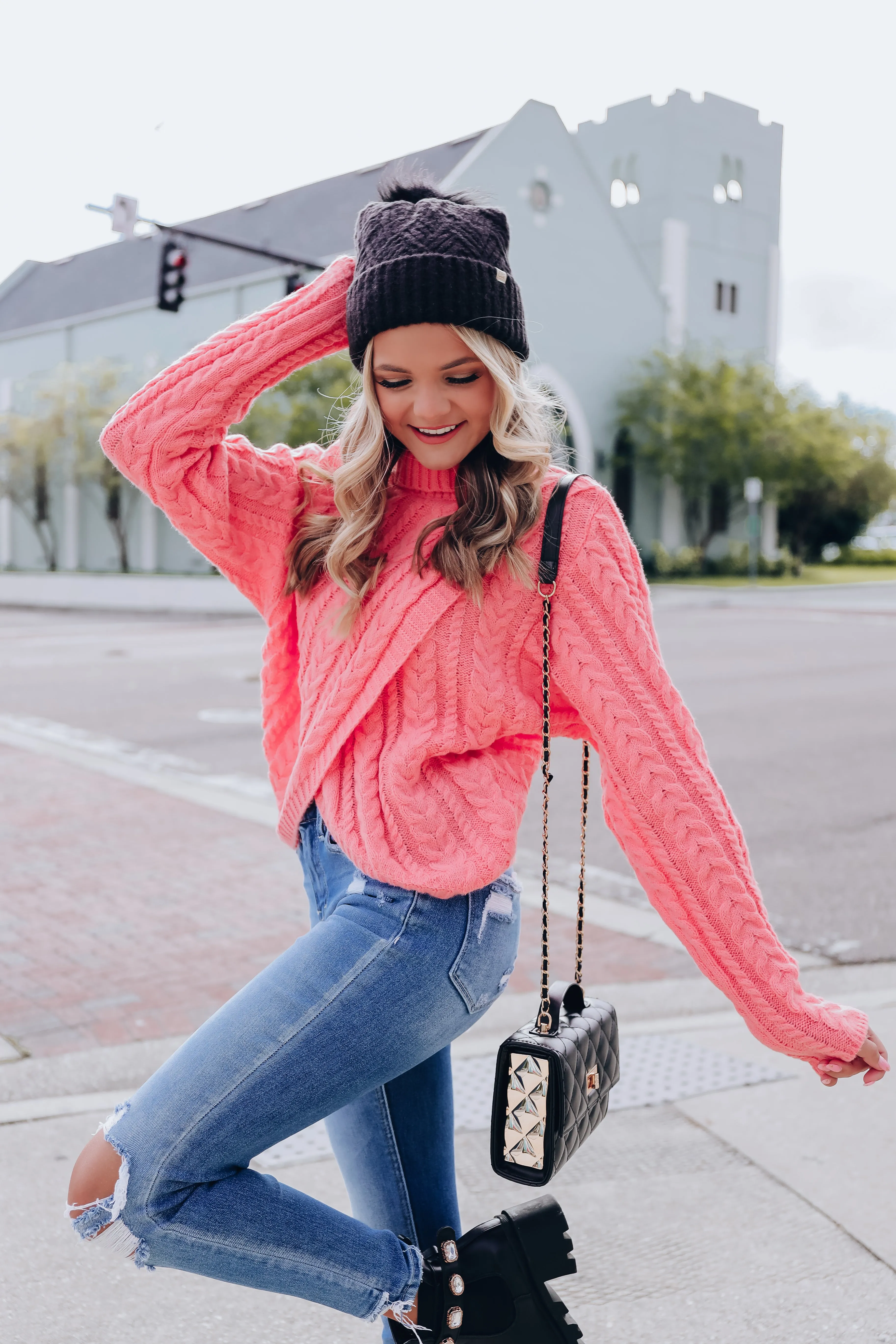 Cable Knit Cross Front Cropped Sweater -Rose