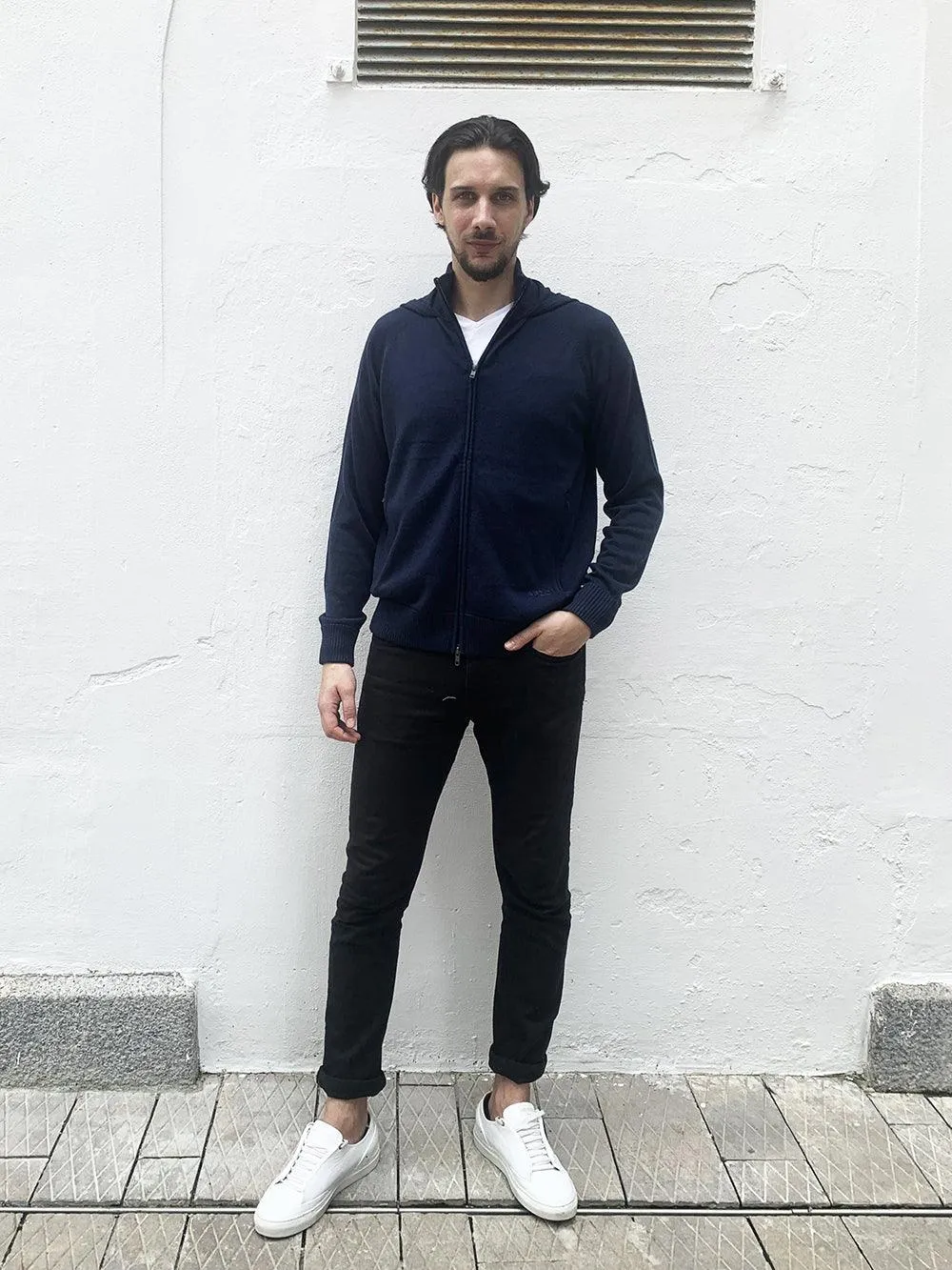 Eco Innovative Hoodie Sweater in Dark Navy 拉鍊連帽針織毛衣 (深藍色)