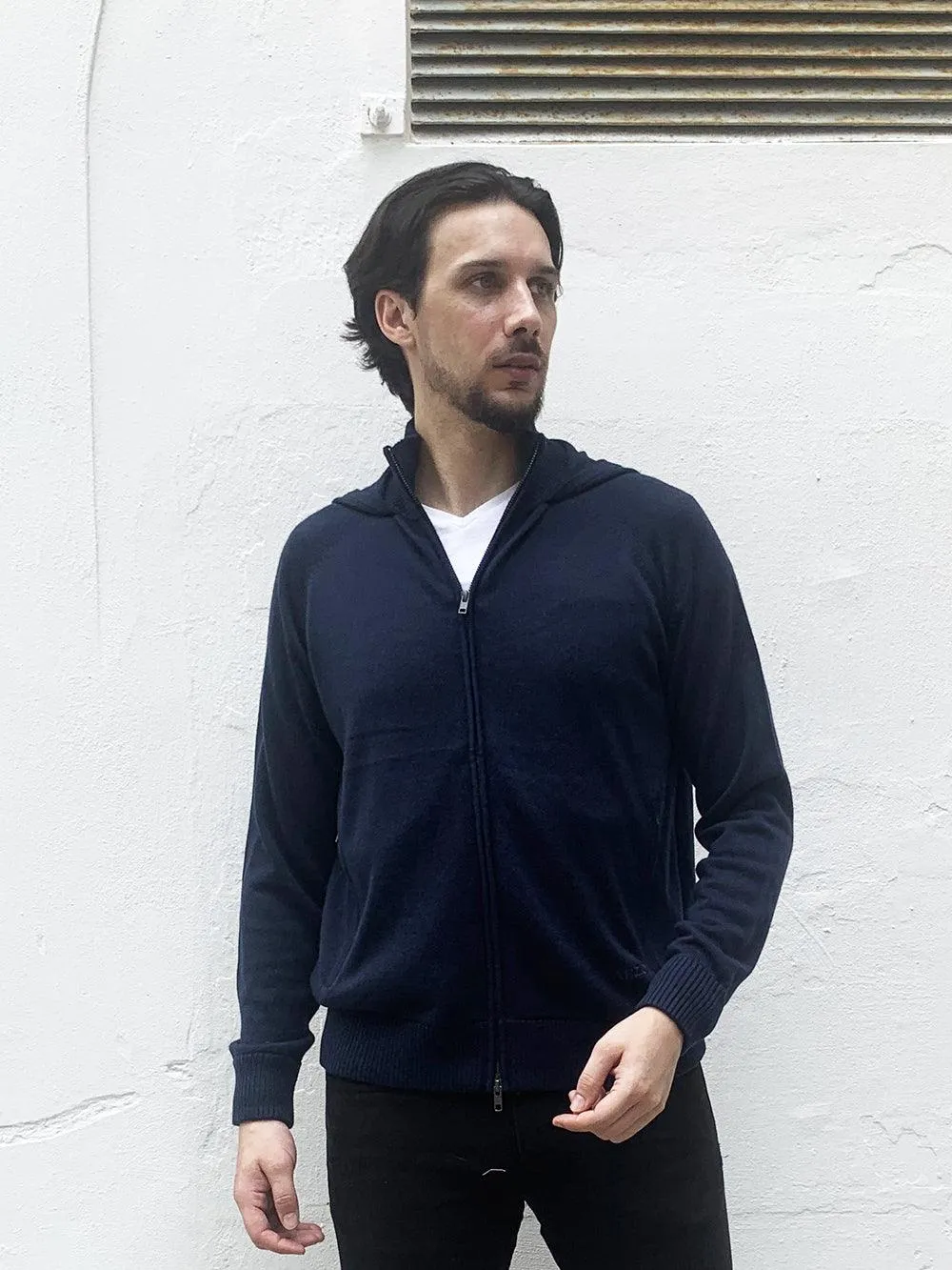 Eco Innovative Hoodie Sweater in Dark Navy 拉鍊連帽針織毛衣 (深藍色)