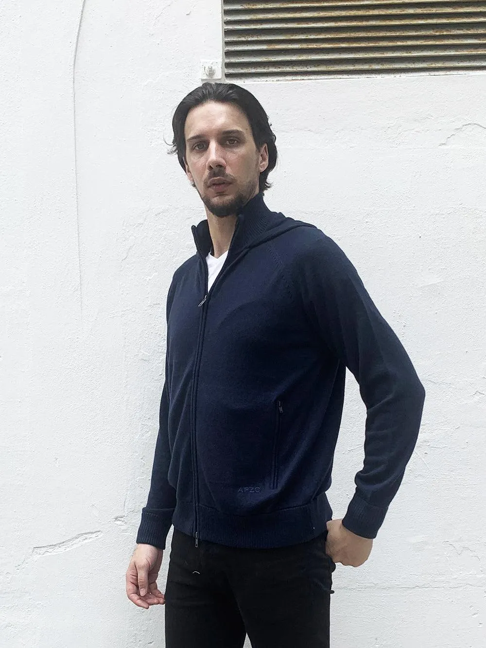 Eco Innovative Hoodie Sweater in Dark Navy 拉鍊連帽針織毛衣 (深藍色)