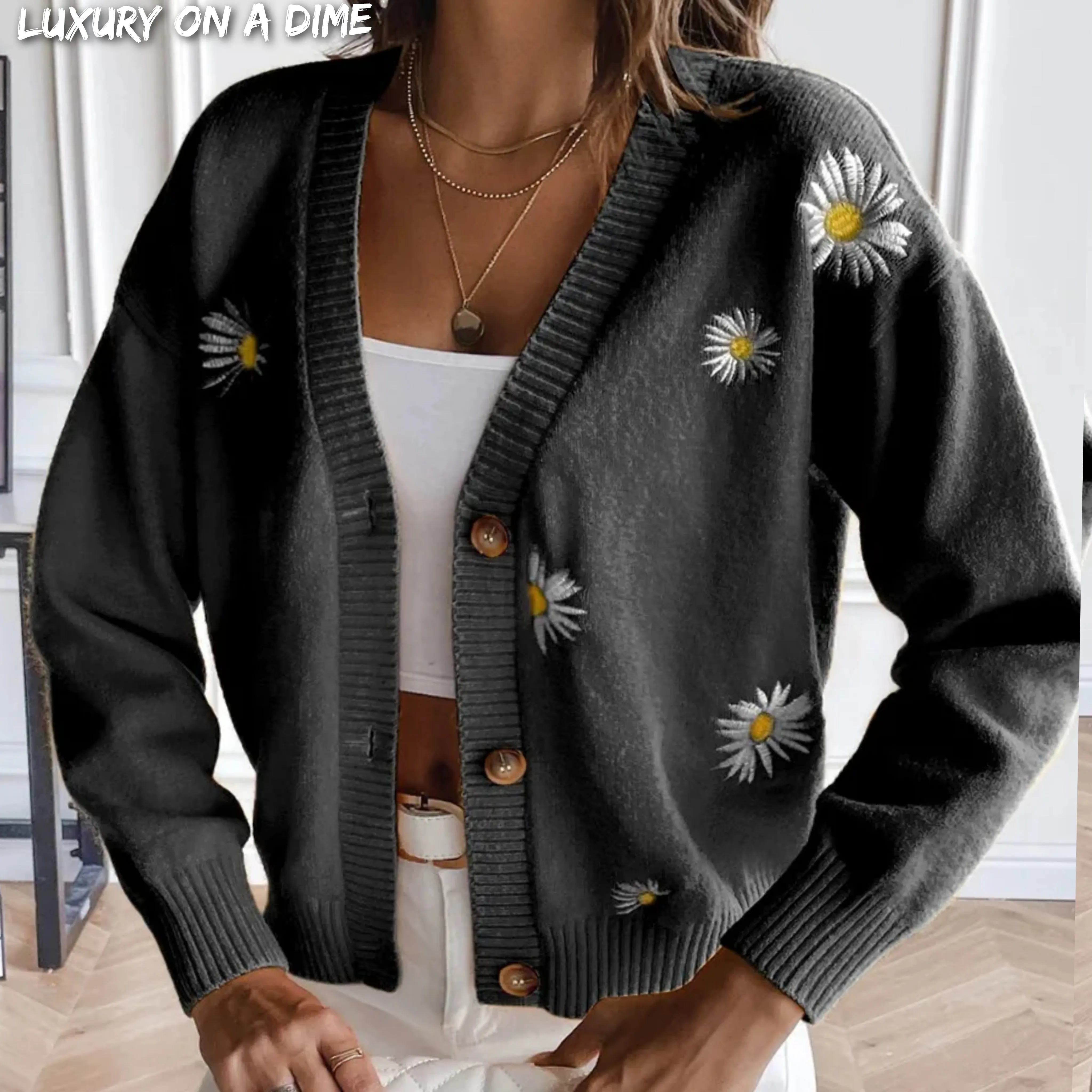 Embroidered Cropped Knit Button Front Retro Long Sleeve Soft Cardigan
