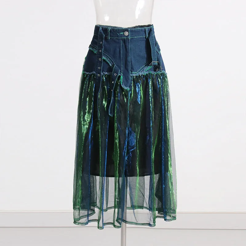 Girlary-shop fruitful fashion dress to impress 2024 New Niche Design Sense Denim Stitching Colorful Mesh Versatile High Waist Slimming Women's Skirt