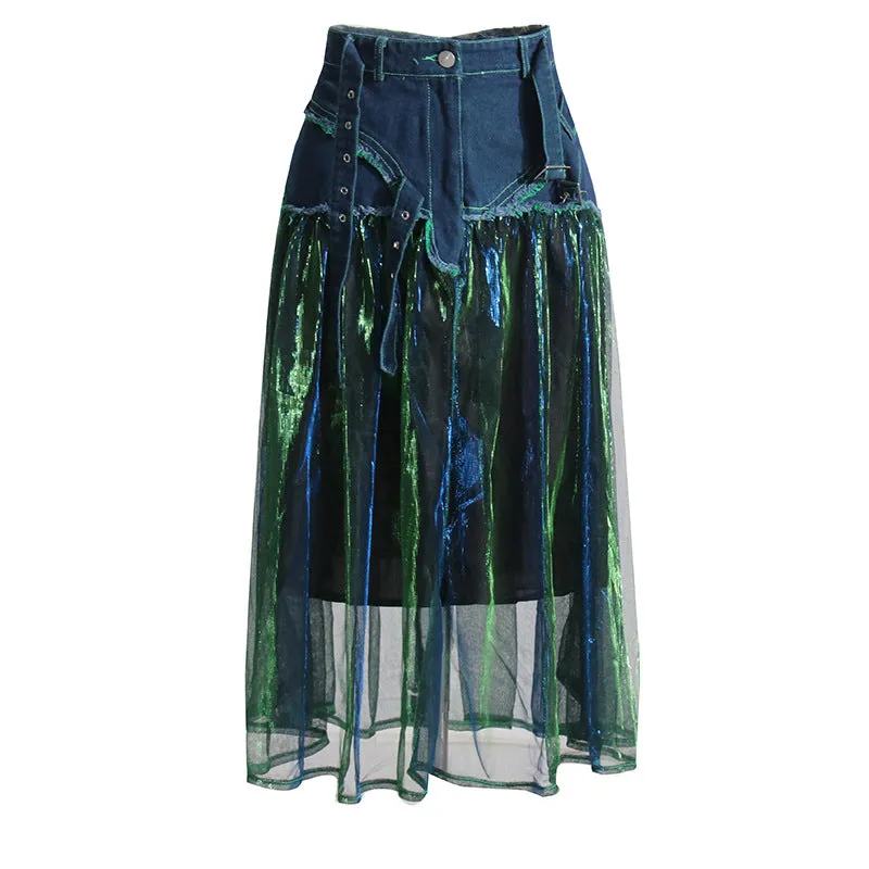 Girlary-shop fruitful fashion dress to impress 2024 New Niche Design Sense Denim Stitching Colorful Mesh Versatile High Waist Slimming Women's Skirt