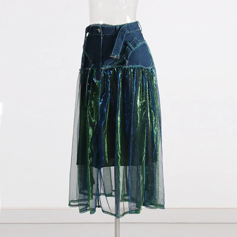 Girlary-shop fruitful fashion dress to impress 2024 New Niche Design Sense Denim Stitching Colorful Mesh Versatile High Waist Slimming Women's Skirt