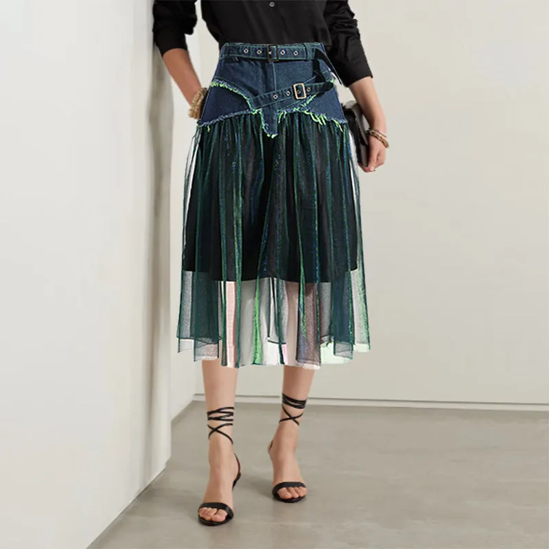 Girlary-shop fruitful fashion dress to impress 2024 New Niche Design Sense Denim Stitching Colorful Mesh Versatile High Waist Slimming Women's Skirt