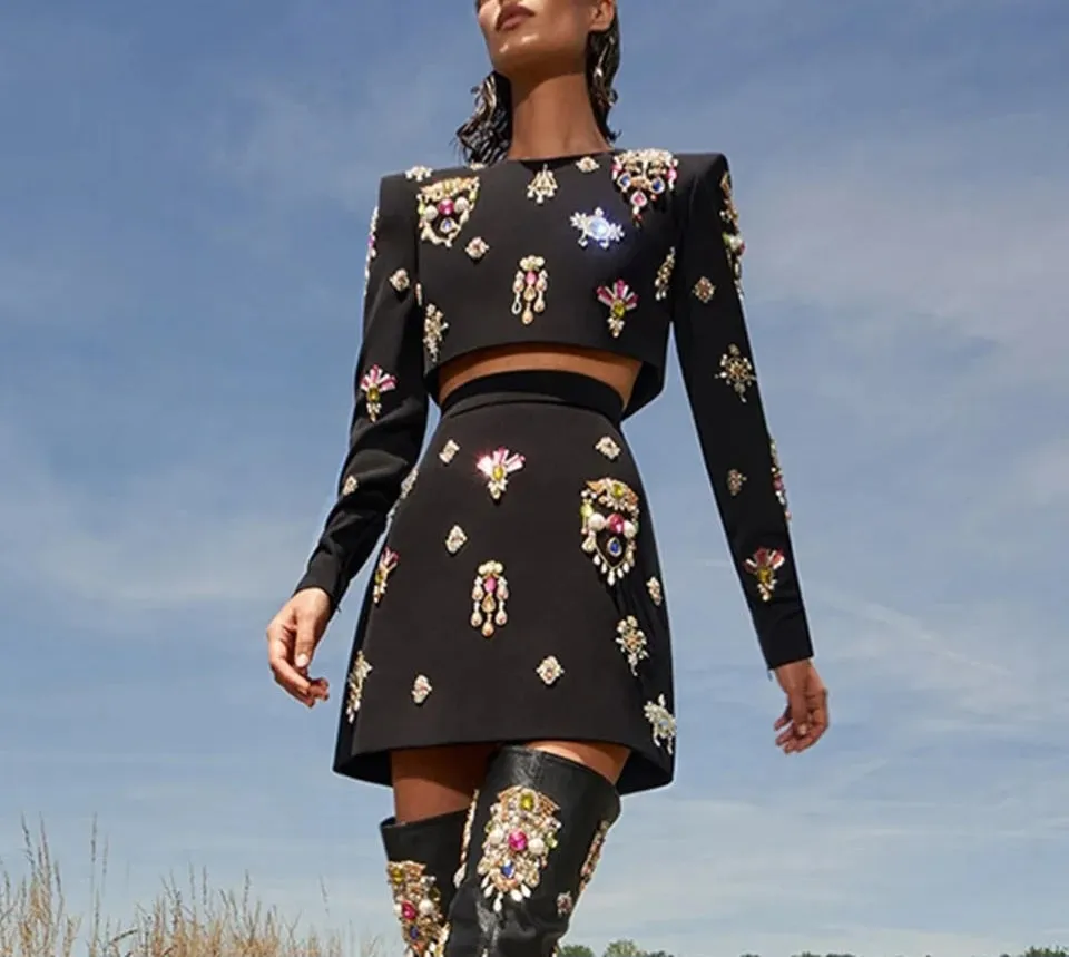 Sexy Black Multicolor Bejeweled 2 Piece Bolero & Mini Skirt Set