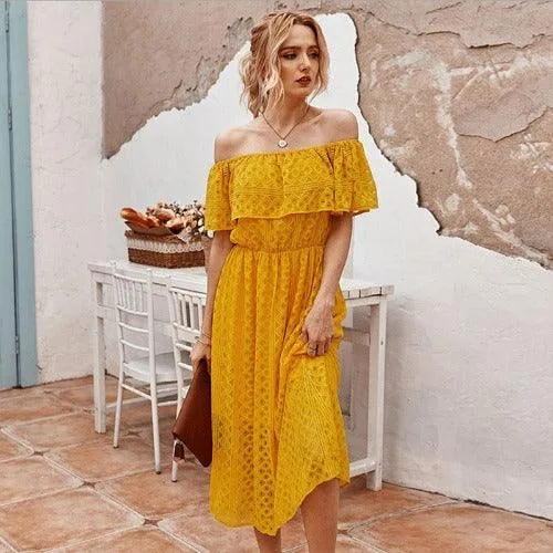 Solid Off-Shoulder Slash Lace Embroidered Midi Dress