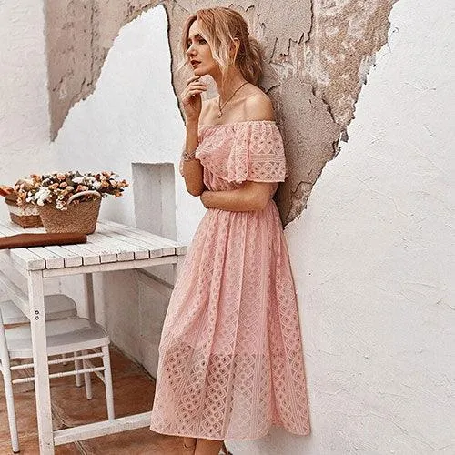 Solid Off-Shoulder Slash Lace Embroidered Midi Dress