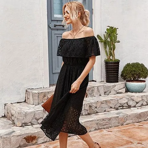 Solid Off-Shoulder Slash Lace Embroidered Midi Dress