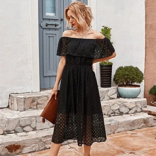 Solid Off-Shoulder Slash Lace Embroidered Midi Dress