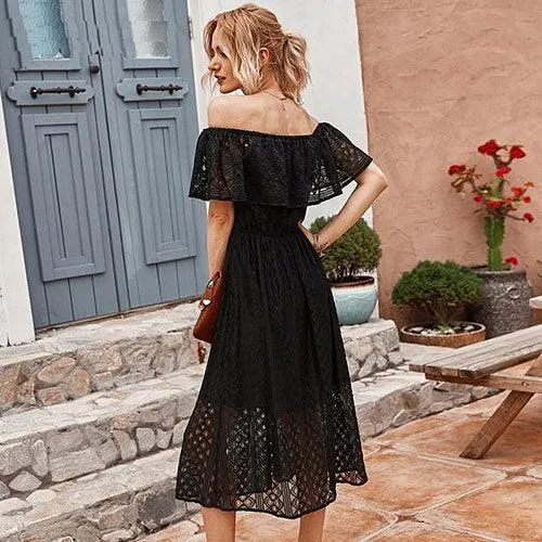 Solid Off-Shoulder Slash Lace Embroidered Midi Dress