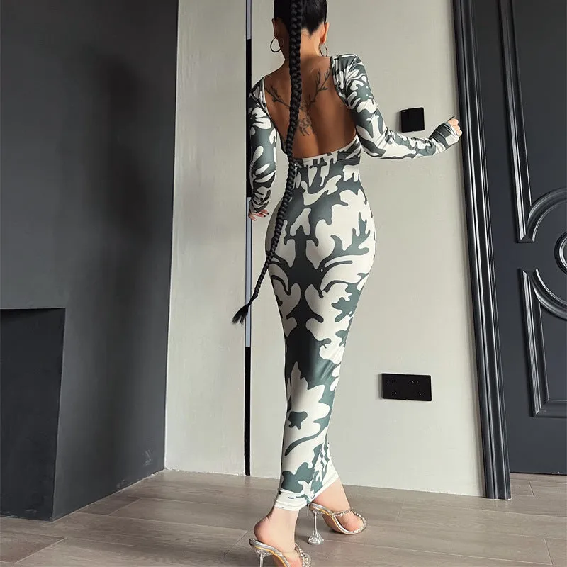 Vevesc dress to impress outfits Women's 2024 New Autumn Fashion Printed Slim Backless Long Sleeve Dress Women