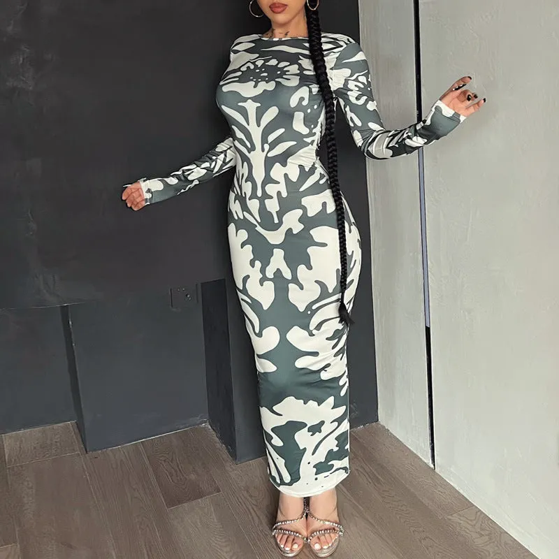Vevesc dress to impress outfits Women's 2024 New Autumn Fashion Printed Slim Backless Long Sleeve Dress Women