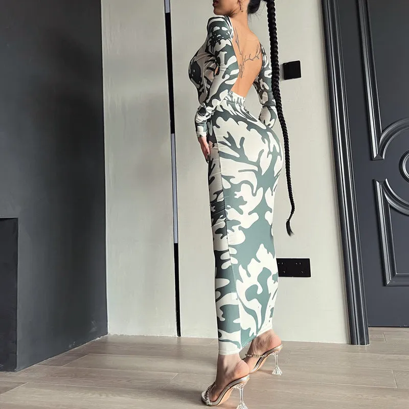 Vevesc dress to impress outfits Women's 2024 New Autumn Fashion Printed Slim Backless Long Sleeve Dress Women