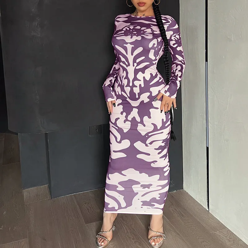 Vevesc dress to impress outfits Women's 2024 New Autumn Fashion Printed Slim Backless Long Sleeve Dress Women
