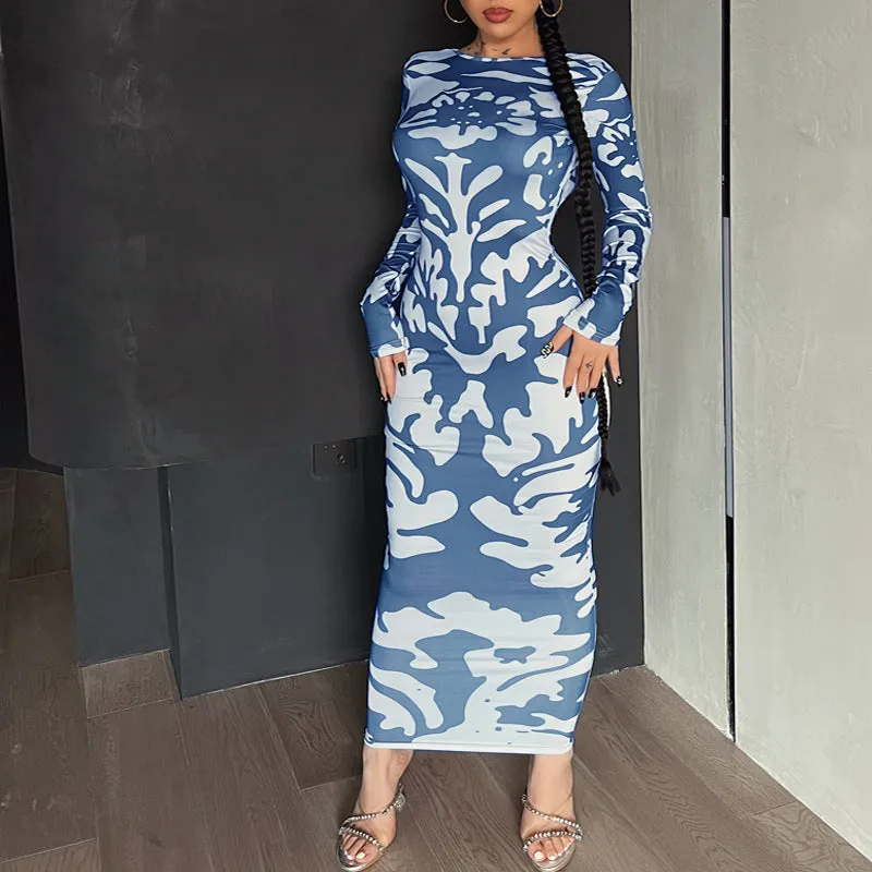 Vevesc dress to impress outfits Women's 2024 New Autumn Fashion Printed Slim Backless Long Sleeve Dress Women