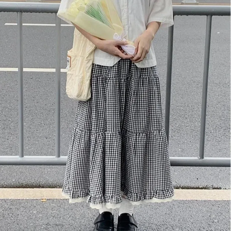 Vevesc Japanese Style Plaid Long Skirt Women Kawaii Sweet Ruffle Midi Skirt Fashion Preppy Style A-line Cutecore Casual Skirts