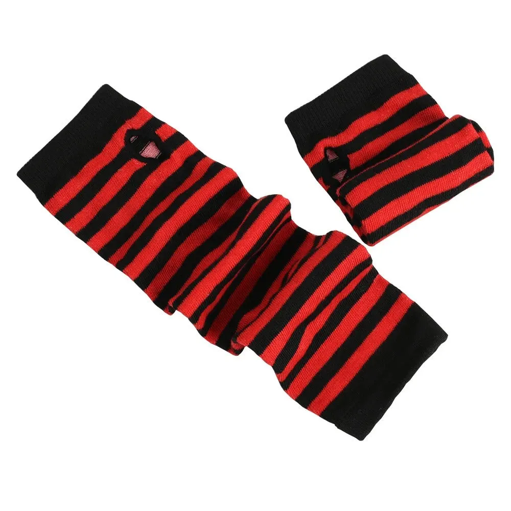 Winter Warm Long Sleeves Gloves - Fingerless Stripe Hip-Hop Knitted Elbow Mittens Elastic Warmer Arm