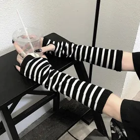 Winter Warm Long Sleeves Gloves - Fingerless Stripe Hip-Hop Knitted Elbow Mittens Elastic Warmer Arm