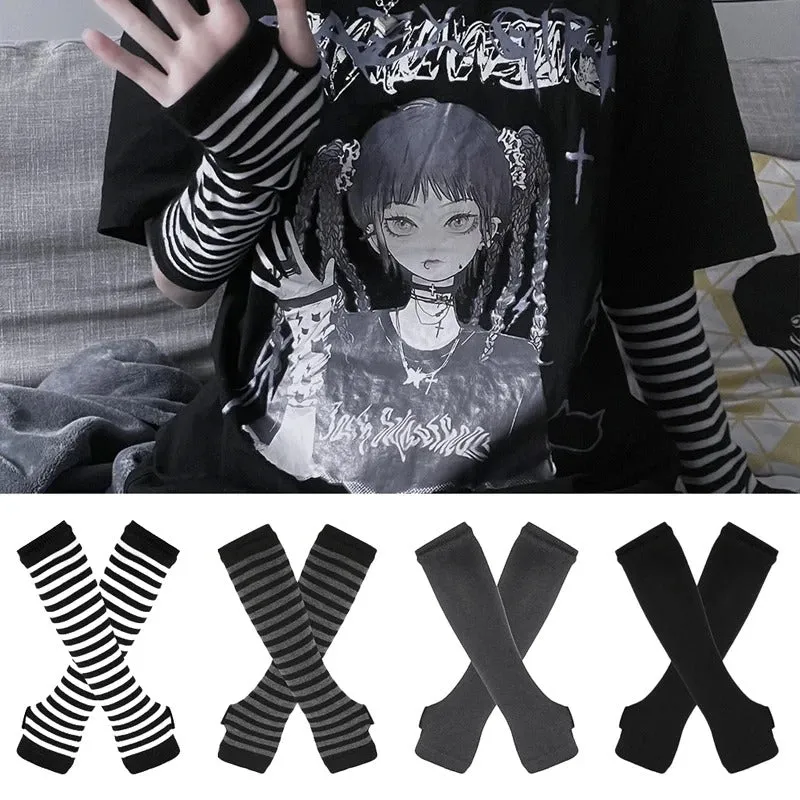 Winter Warm Long Sleeves Gloves - Fingerless Stripe Hip-Hop Knitted Elbow Mittens Elastic Warmer Arm