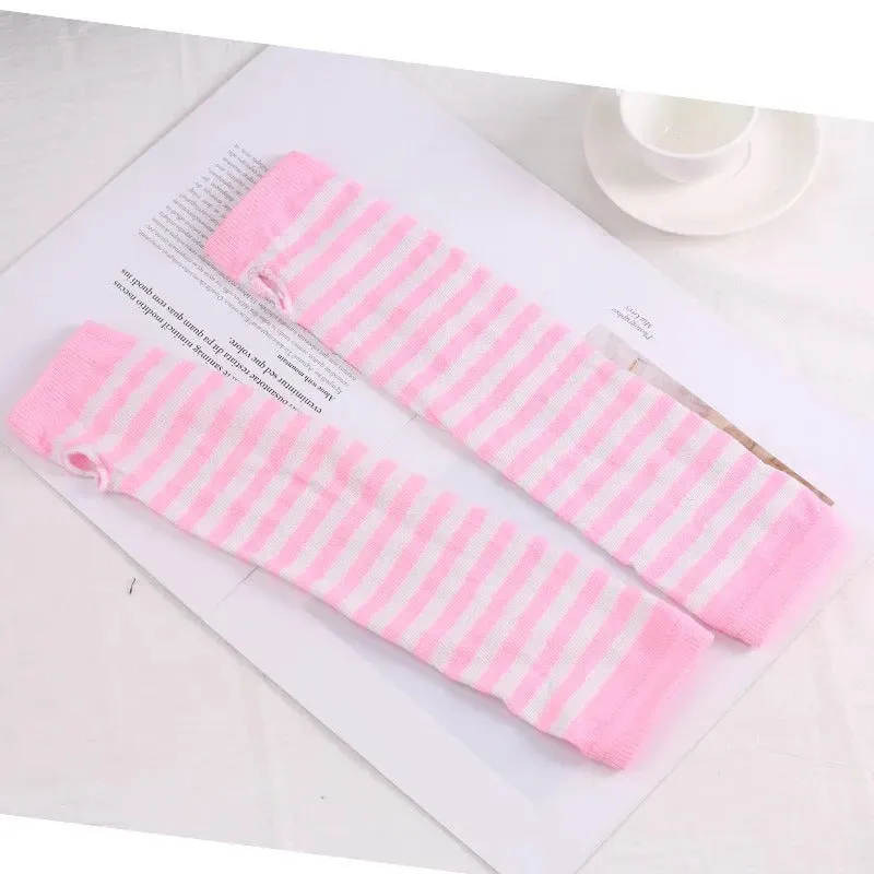 Winter Warm Long Sleeves Gloves - Fingerless Stripe Hip-Hop Knitted Elbow Mittens Elastic Warmer Arm