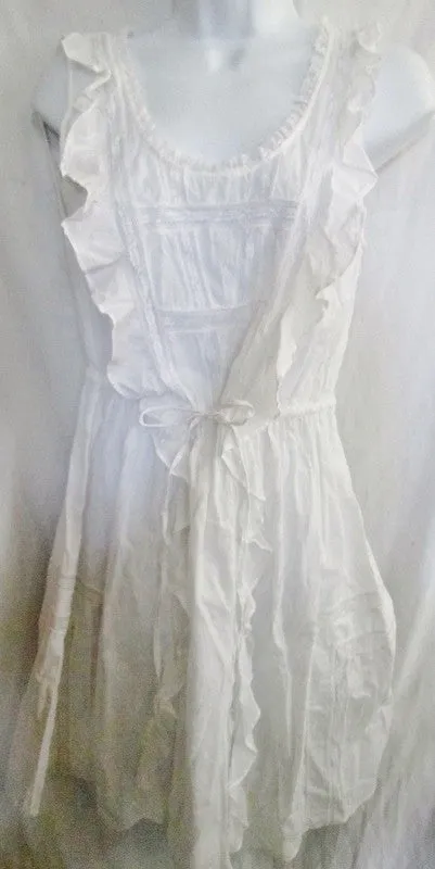 WOMENS Peasant Lace Ruffle Dress Midi Skirt Cotton WHITE S Hippie Festival